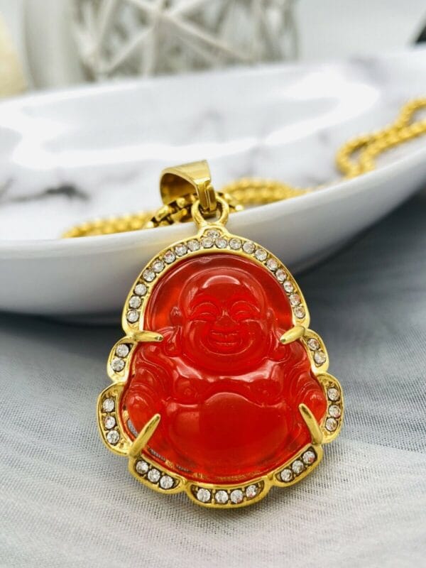 Jade Buddha Pendant Necklace W/ 18K Gold Plated Crystal Charm Hip Hop Chain 28