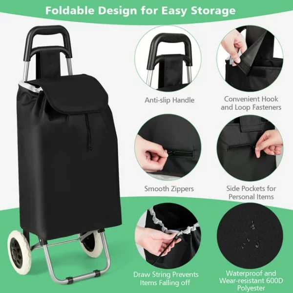 Costway Black Large Capacity Light Weight Wheeled Shopping Trolley Push Cart Bag 5