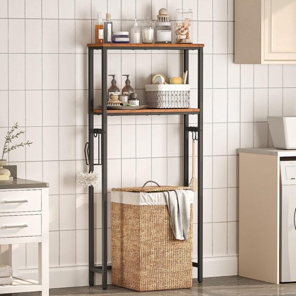 HOOBRO Over The Toilet Storage, 2-Tier Over Toilet Bathroom Organizer Shelf, with Toilet Paper Holder and Hooks, Sturdy and Durable, for Bathroom, Toilet, Rustic Brown and Black BF49TS01 5