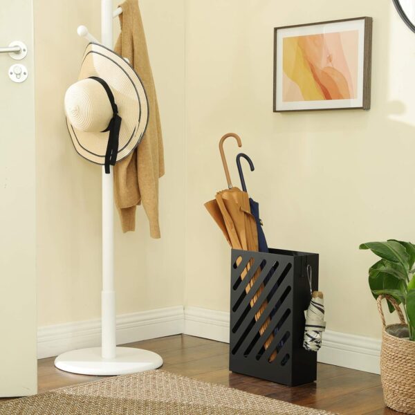 SONGMICS Umbrella Stand, Rectangular Umbrella Holder with Water Tray, Hooks, Hollow-Out Design, Black ULUC03BK 5