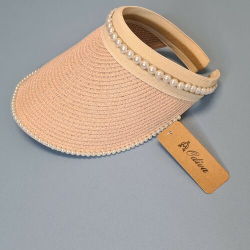4-93.jpg Women's White Pearl Trimmed Visor Sun Straw Hat UV Protection Blush-Pink Elegant