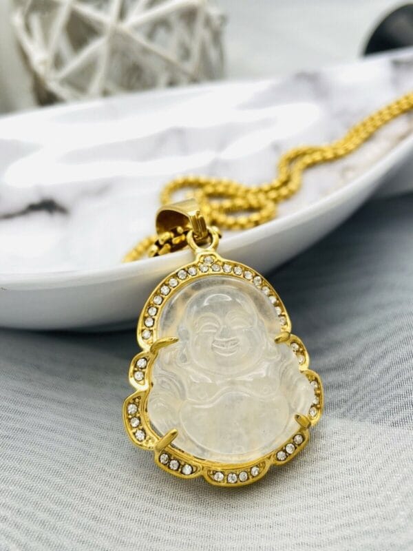 Jade Buddha Pendant Necklace W/ 18K Gold Plated Crystal Charm Hip Hop Chain 29