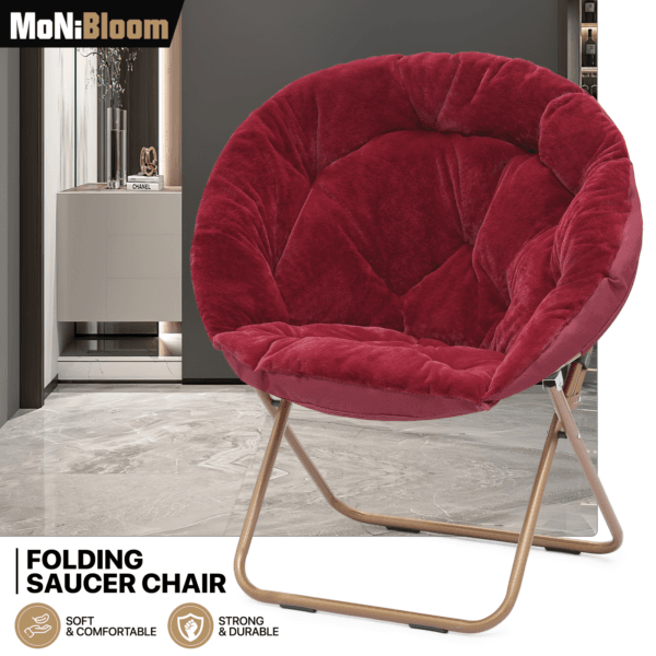 Foldable Comfy Saucer Chair Modern Faux Fur Cozy Moon Lounge Chair w/Metal Frame 26