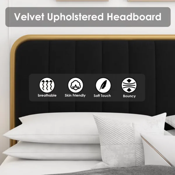 Homfa Queen Size Bed Frame with 4 Drawers, Round Metal Tube Platform Bed with Tufted Upholstered Headboard, Gold and Black 6