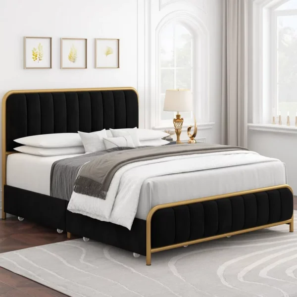 Homfa King Size Bed Frame, Round Metal Tube Heavy Duty Bed Frame with Tufted Upholstered Headboard, Gold and Black