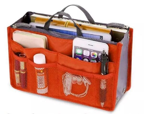 Women Multi-Pocket Travel Handbag Organizer Insert w Zipper Handles Purse Liner 31