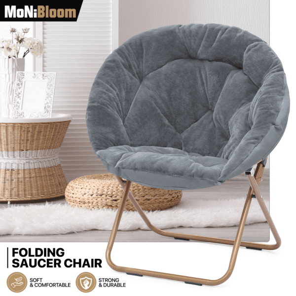 Foldable Comfy Saucer Chair Modern Faux Fur Cozy Moon Lounge Chair w/Metal Frame 27
