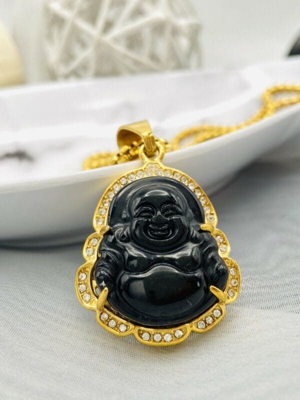 Jade Buddha Pendant Necklace W/ 18K Gold Plated Crystal Charm Hip Hop Chain 30
