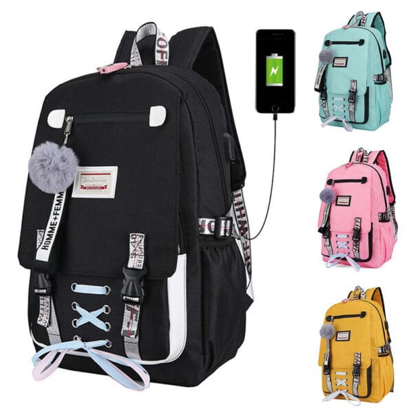 6-88.jpg Women Girls USB Port Backpack Laptop Travel Shoulder School Book Bag Rucksack