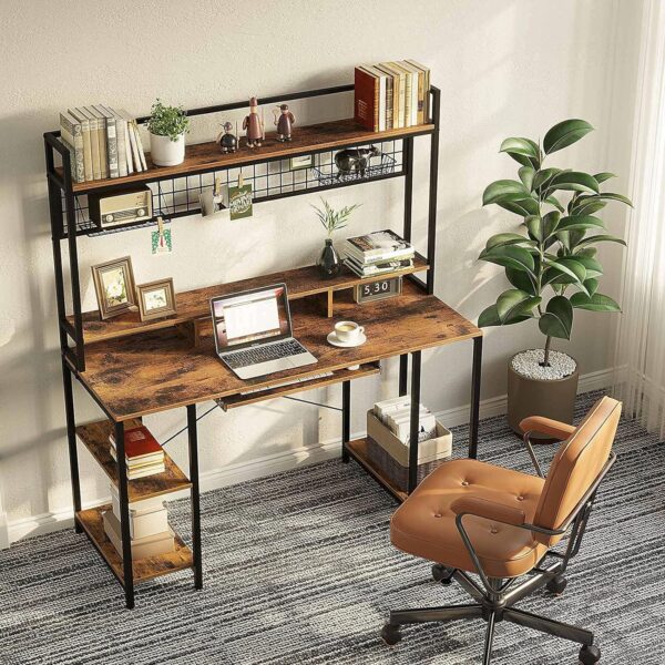 Rolanstar Computer Desk with Hutch and Keyboard Tray, 55" Office Desk with Storage Shelves, Studying Writing Desk Workstation for Home Office, Rustic Brown 7