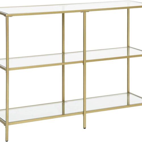 61OZ5ZpQuL._AC_SL1500_.jpg VASAGLE 39.4 Inch Console Sofa Table with 3 Shelves, Metal Frame, Tempered Glass Shelf, Modern Style, for Entryway Living Room Bedroom, Metallic Gold ULGT27G