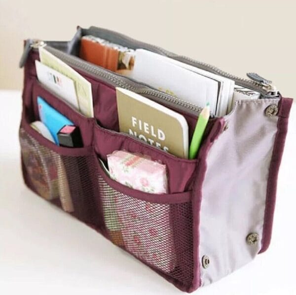 Women Multi-Pocket Travel Handbag Organizer Insert w Zipper Handles Purse Liner 32