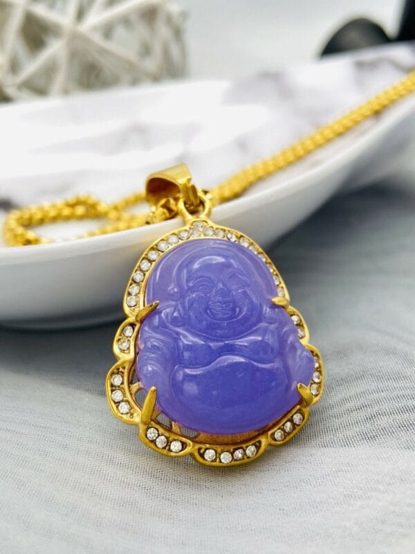Jade Buddha Pendant Necklace W/ 18K Gold Plated Crystal Charm Hip Hop Chain 31