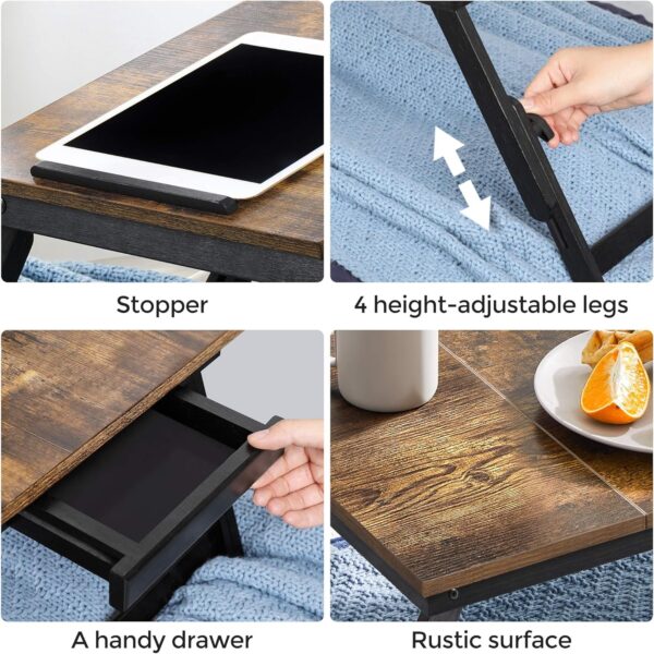 SONGMICS Laptop Desk, Bed Sofa Breakfast Tray, Adjustable Tilt Top, Right-Left Handed, Adjustable Folding Legs, Drawer, Rustic Dark Brown ULLD110B01 8