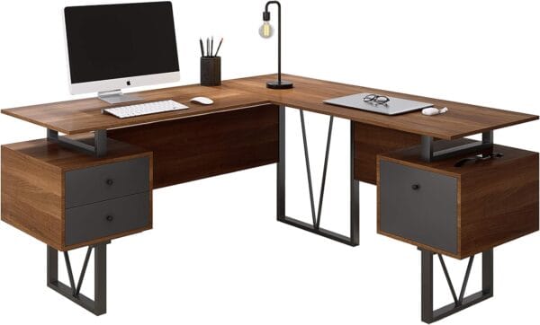 Techni Mobili Reversible 59” W – Modern Versatile L Shaped Drawers and File Cabinet Home Office Desk, 59 x 57.3 x 30, Brown, Grey 3