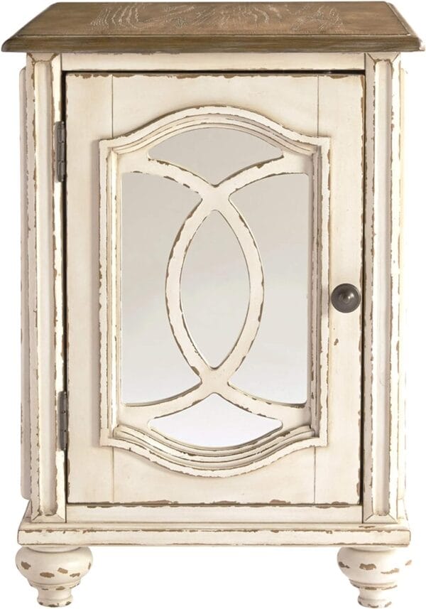 Signature Design by Ashley Realyn Farmhouse Chair Side End Table with Cabinet For Storage, Antique White & Brown 5