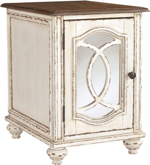 Signature Design by Ashley Realyn Farmhouse Chair Side End Table with Cabinet For Storage, Antique White & Brown 4