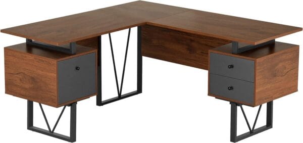 Techni Mobili Reversible 59” W – Modern Versatile L Shaped Drawers and File Cabinet Home Office Desk, 59 x 57.3 x 30, Brown, Grey 4