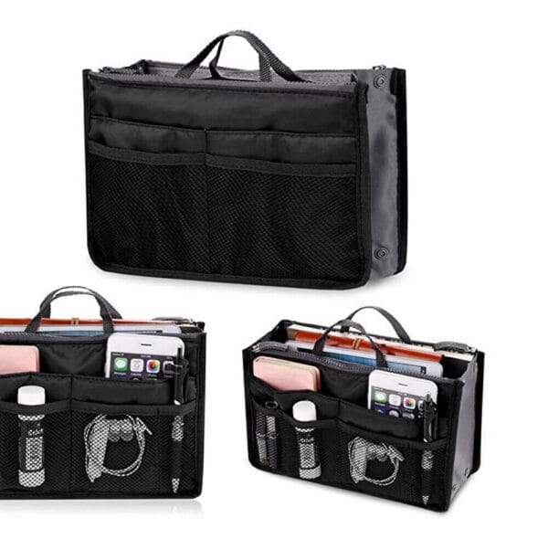 Women Multi-Pocket Travel Handbag Organizer Insert w Zipper Handles Purse Liner 25