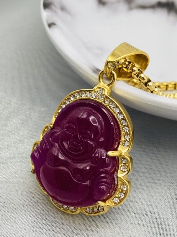 Jade Buddha Pendant Necklace W/ 18K Gold Plated Crystal Charm Hip Hop Chain 32