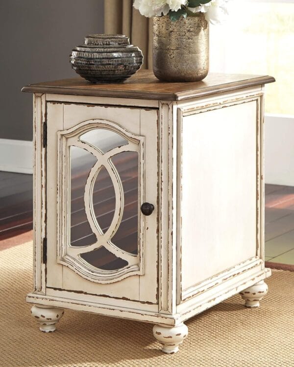 Signature Design by Ashley Realyn Farmhouse Chair Side End Table with Cabinet For Storage, Antique White & Brown 6