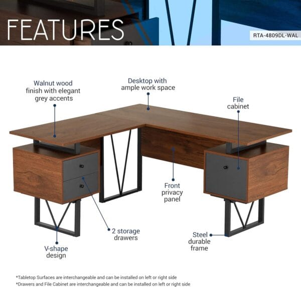 Techni Mobili Reversible 59” W – Modern Versatile L Shaped Drawers and File Cabinet Home Office Desk, 59 x 57.3 x 30, Brown, Grey 7