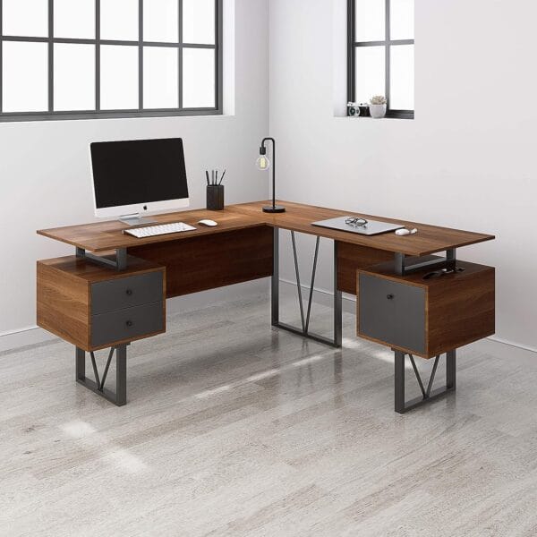 Techni Mobili Reversible 59” W – Modern Versatile L Shaped Drawers and File Cabinet Home Office Desk, 59 x 57.3 x 30, Brown, Grey