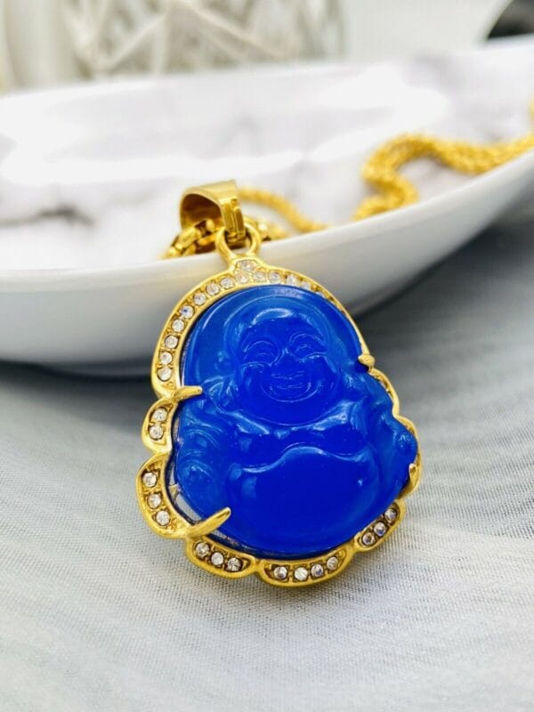 Jade Buddha Pendant Necklace W/ 18K Gold Plated Crystal Charm Hip Hop Chain 33