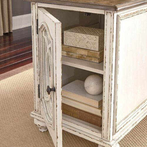Signature Design by Ashley Realyn Farmhouse Chair Side End Table with Cabinet For Storage, Antique White & Brown