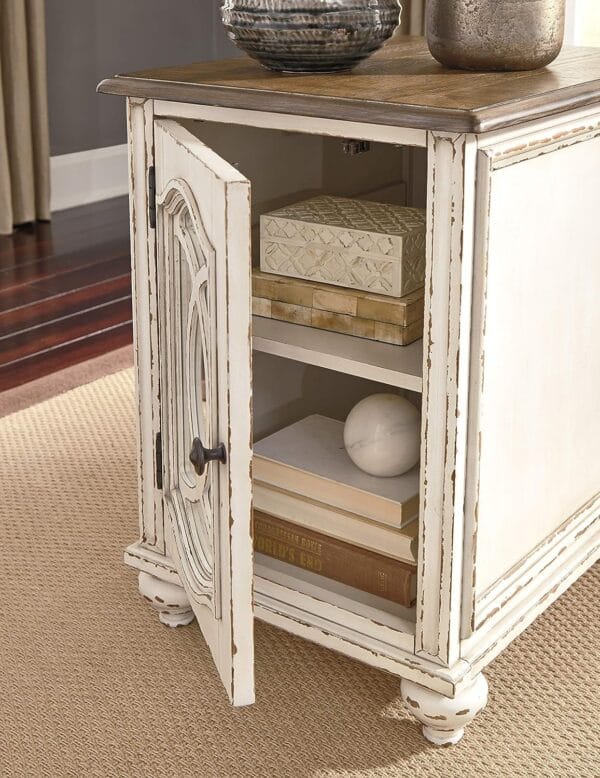 Signature Design by Ashley Realyn Farmhouse Chair Side End Table with Cabinet For Storage, Antique White & Brown 1