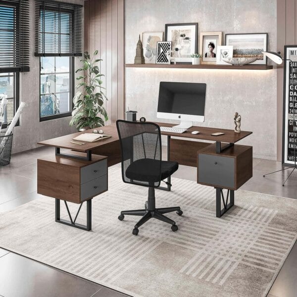 Techni Mobili Reversible 59” W – Modern Versatile L Shaped Drawers and File Cabinet Home Office Desk, 59 x 57.3 x 30, Brown, Grey 9