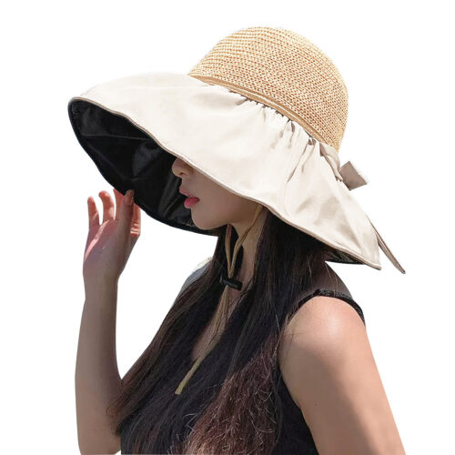 a1 Foldable Wide Brim Floppy Straw Beach Sun Hat,Summer Cap with Bowknot for Women