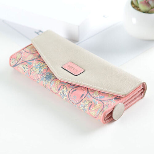a1 Women Long Clutch Tri-fold Card Holder Purse Floral Envelope PU Leather Wallet