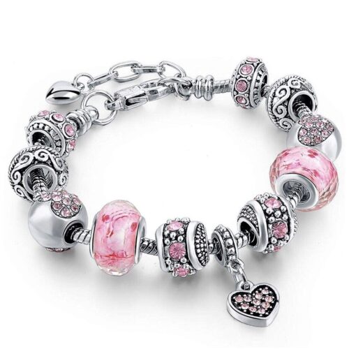 a1 18K Gold Plated Heart Pink CZ Murano Charm Bracelet Made with Swarovski Elements