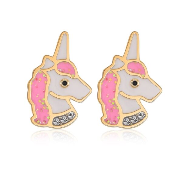 Buyless Fashion Toddler Girl 14K Plated Unicorn Earring Sterling Silver Pink 1