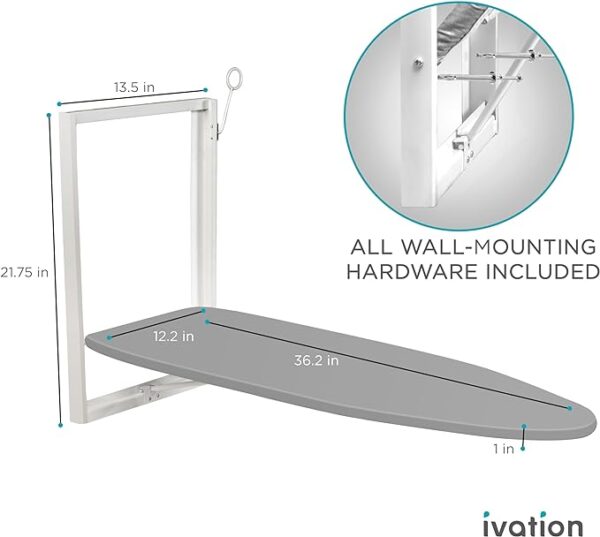 Ivation Wall-Mounted Ironing Board | Foldable 36.2” x 12.2” Ironing Station for Home, Apartment & Small Spaces | Sturdy Folding Board, Easy-Release Lever, Removable Cotton Cover & Mounting Hardware 5