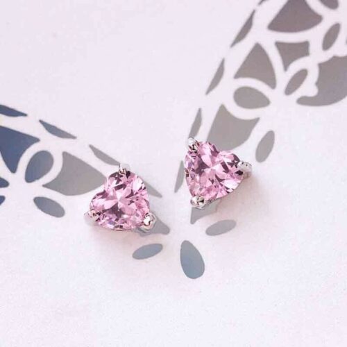 a4 Solid Sterling Silver Pink Heart CZ Shaped Stud Earrings 5MM Cubic Zirconia