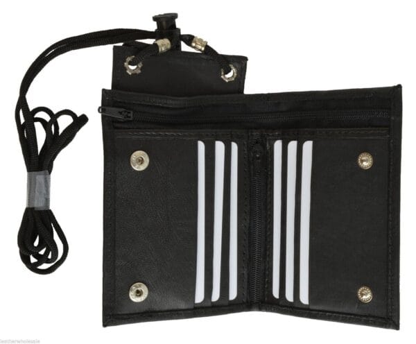 Leather Neck Lanyard ID Badge Holder Mini Cross Body Bifold Wallet Black 2