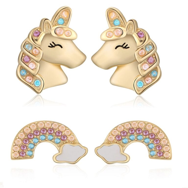 Buyless Fashion Toddler Girls 14K Plated Rainbow Unicorn Earring Sterling Silver