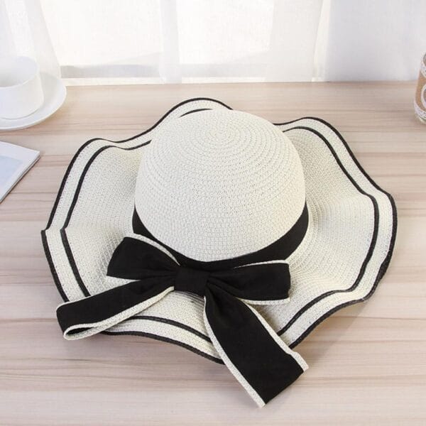 Wide Brim Straw Hat Foldable Beach Panama Hat Women Bowknot Decor Floppy Cap