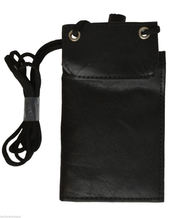 Leather Neck Lanyard ID Badge Holder Mini Cross Body Bifold Wallet Black 3