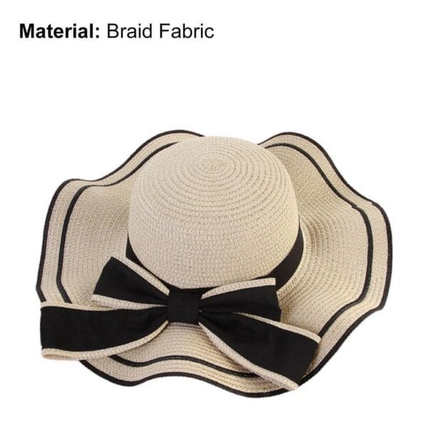 Wide Brim Straw Hat Foldable Beach Panama Hat Women Bowknot Decor Floppy Cap 3