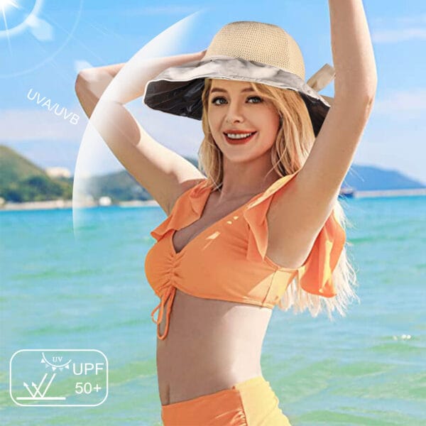 Summer Women Straw Hat Bowknot Wide Brim Floppy Foldable Roll up Cap Beach Hat 4