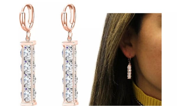 18k Rose Gold Layered Crystal Huggie Drop Leverback Earrings Made With Swarovski 4