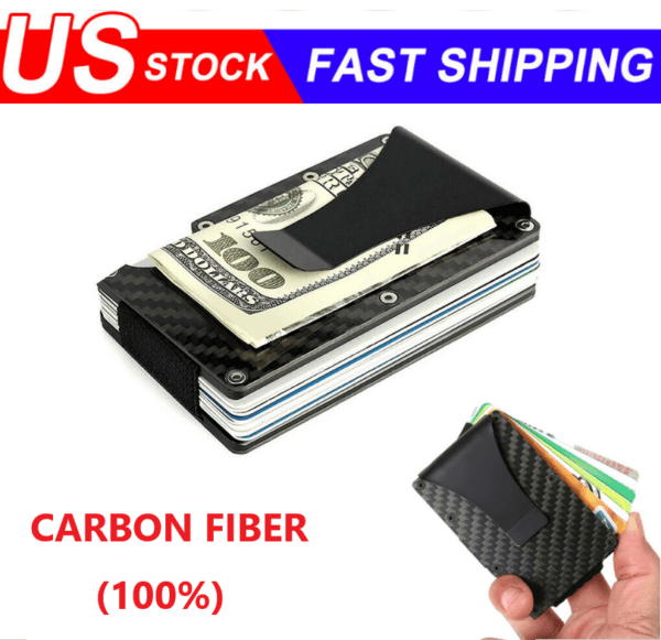 RFID Blocking Slim Money Clip Mens Carbon Fiber Credit Card Holder Metal Wallet 1