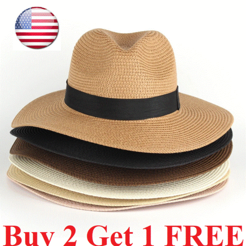 Men Women Straw Panama Hat Fedora Trilby Cuban Sun Cap Wide Brim Floral Summer