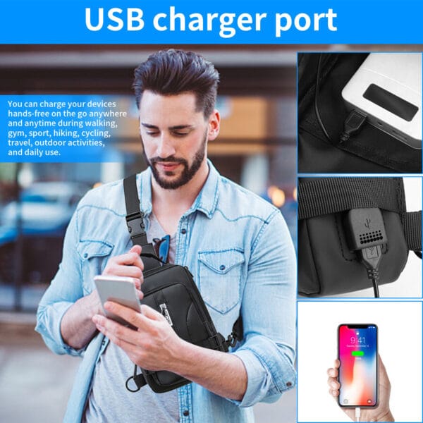 Men's Sling Shoulder Bag Anti-theft Chest Messenger Crossbody Backpack USB Port 20