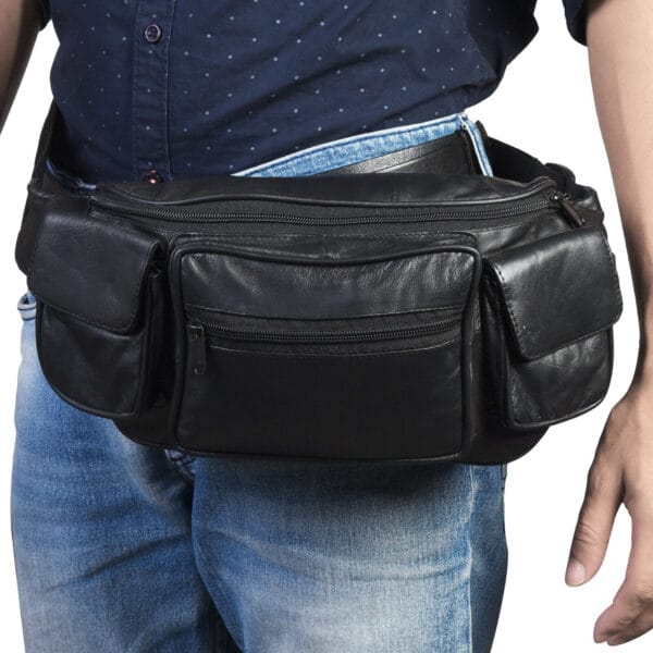 Large Black Solid Leather Waist Fanny Pack Belt Bag Travel Hip Purse Mens Womens 6