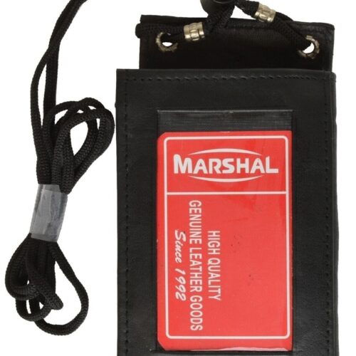 Leather Neck Lanyard ID Badge Holder Mini Cross Body Bifold Wallet Black