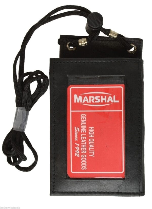 Leather Neck Lanyard ID Badge Holder Mini Cross Body Bifold Wallet Black 1